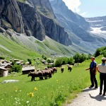 **

A breathtaking panoramic view of Gran Paradiso National Park in Italy. Focus on the majestic mountains, lush green valleys, and diverse flora and fauna. In the foreground, show a park ranger interacting with local people, emphasizing their commitment to protecting nature while valuing local traditions. The overall atmosphere should convey a harmonious balance between humans and the environment, illustrating the importance of local communities in conservation efforts. Capture the essence of their daily dedication and deep understanding of the territory.

**