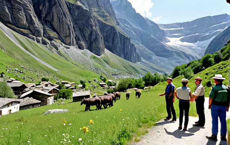 **
A breathtaking panoramic view of Gran Paradiso National Park in Italy. Focus on the majestic mountains, lush green valleys, and diverse flora and fauna. In the foreground, show a park ranger interacting with local people, emphasizing their commitment to protecting nature while valuing local traditions. The overall atmosphere should convey a harmonious balance between humans and the environment, illustrating the importance of local communities in conservation efforts. Capture the essence of their daily dedication and deep understanding of the territory.
**