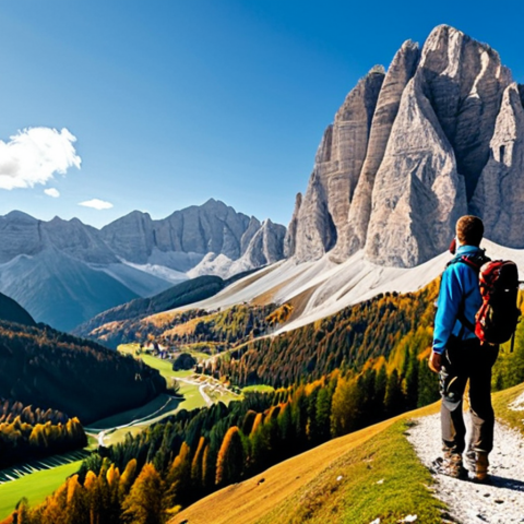 A Scenic Hike**

*   **Prompt:** A breathtaking view of the Dolomites in autumn, Italy. A hiker, fully equipped with a backpack and wearing appropriate hiking gear, pauses to admire the vista. Lush forests, crisp mountain air, safe for work, appropriate content, fully clothed, professional, natural lighting, perfect anatomy, correct proportions, family-friendly.

**