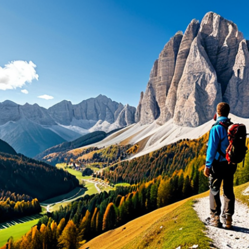 A Scenic Hike**

*   **Prompt:** A breathtaking view of the Dolomites in autumn, Italy. A hiker, fully equipped with a backpack and wearing appropriate hiking gear, pauses to admire the vista. Lush forests, crisp mountain air, safe for work, appropriate content, fully clothed, professional, natural lighting, perfect anatomy, correct proportions, family-friendly.

**