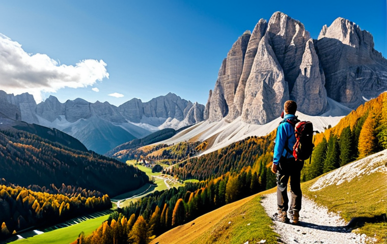 A Scenic Hike**

*   **Prompt:** A breathtaking view of the Dolomites in autumn, Italy. A hiker, fully equipped with a backpack and wearing appropriate hiking gear, pauses to admire the vista. Lush forests, crisp mountain air, safe for work, appropriate content, fully clothed, professional, natural lighting, perfect anatomy, correct proportions, family-friendly.

**