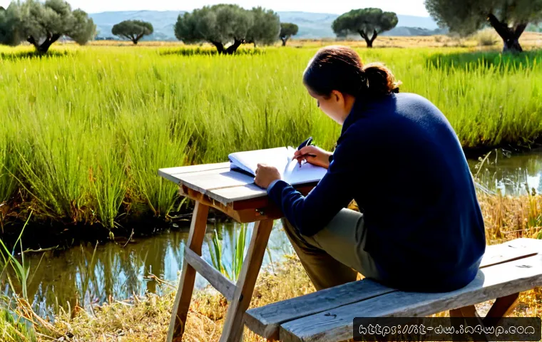 자연보호구역 생태계 조사를 위한 질문지 작성 - Photorealistic field ecologist in a protected Mediterranean nature reserve, seated at a simple woode...
