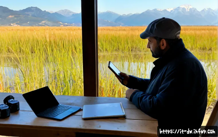 Home 17 자연보호구역 모니터링을 위한 데이터 분석 방법 - Photorealistic environmental scientist analyzing nature reserve monitoring data on a laptop and tabl...